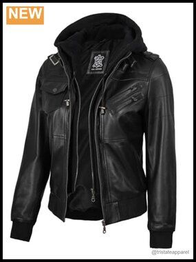 Real Lambskin Leather Bomber Jacket with Detachable Hood
